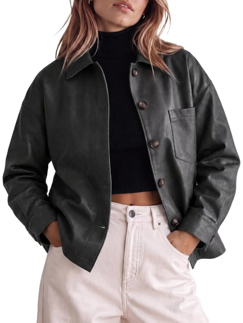 Women's Black Faux Leather Collared Button Down Moto Shacket Bomber Jacket